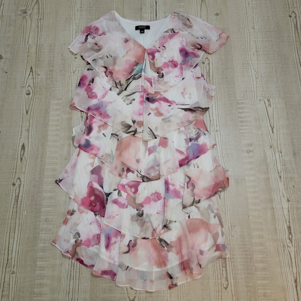 Ignite Evenings Pink Floral Ruffle Tiere Midi Dress Size 10 Spring Cocktail